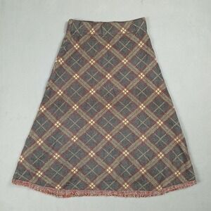 Cozy Plaid Knit Skirt Fringe Hem Brown Red Cream S/M "Travel Wind" Chinese Text